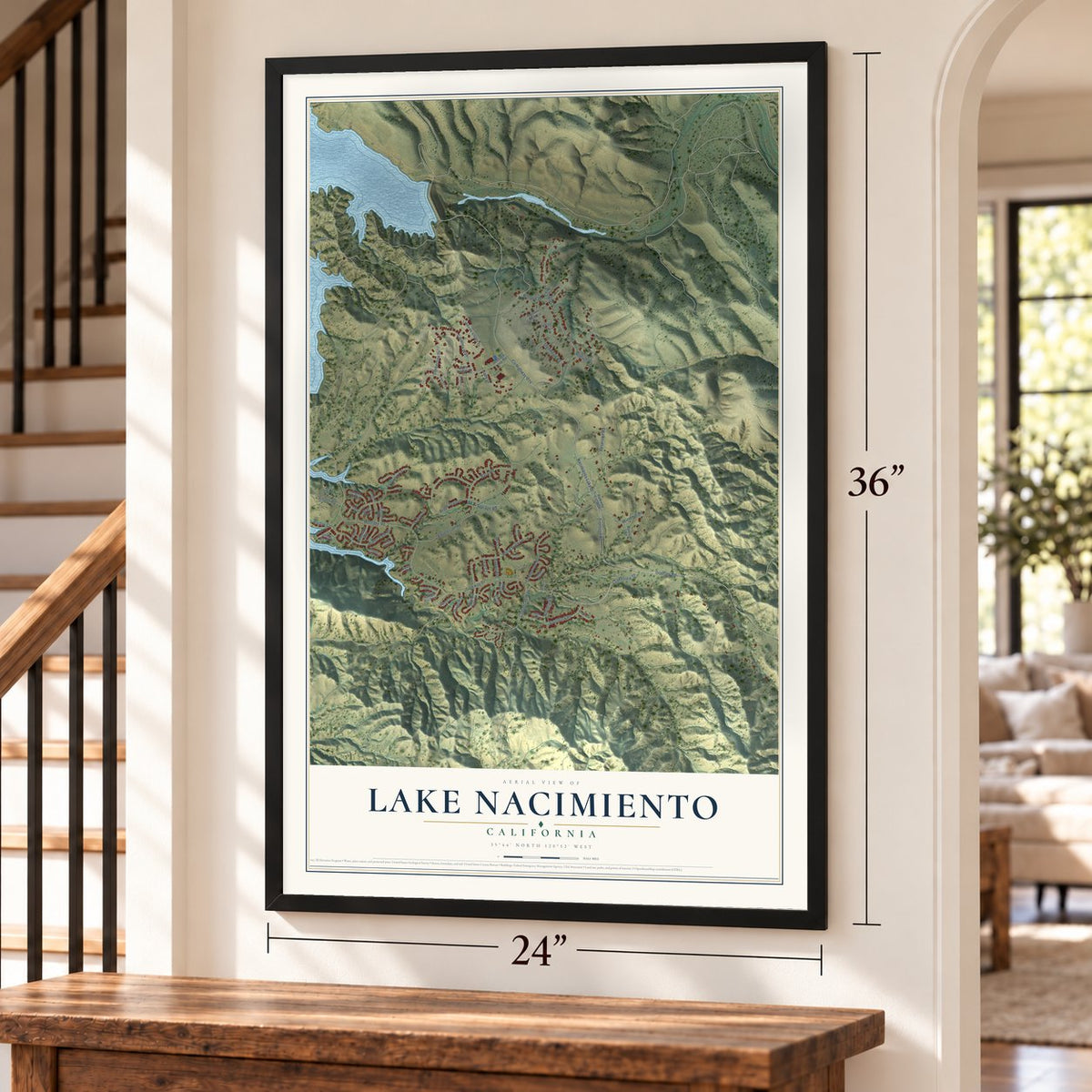 Lake Nacimiento, California map, 24 x 36 inch print in a black frame by a staircase