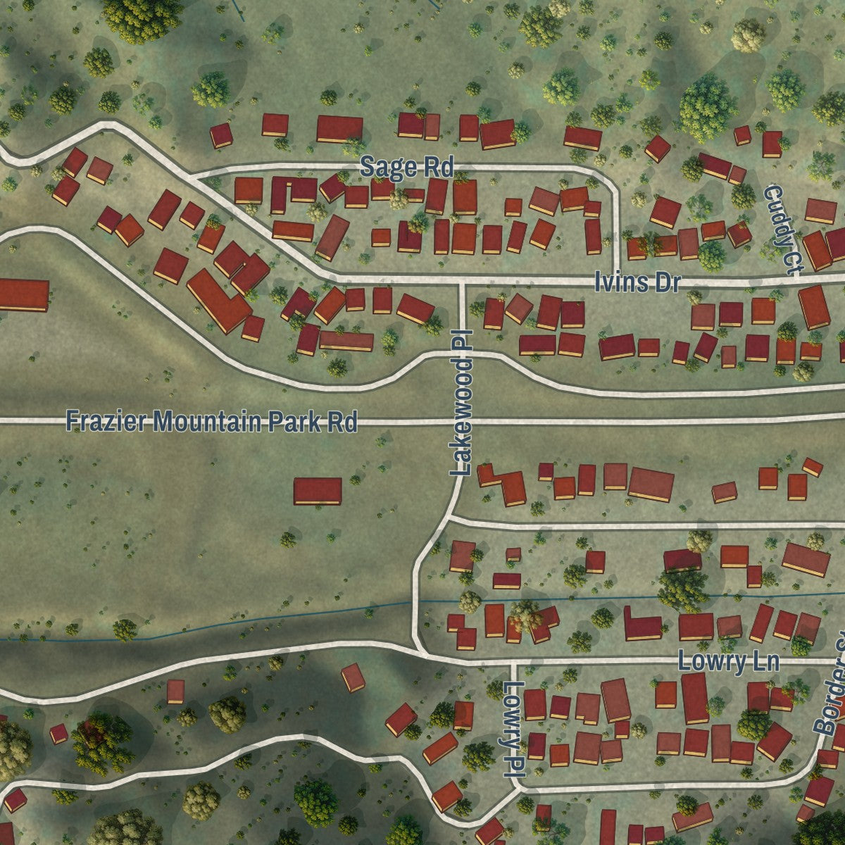 Close-up of the map of Lake of the Woods, California print showing street and building detail