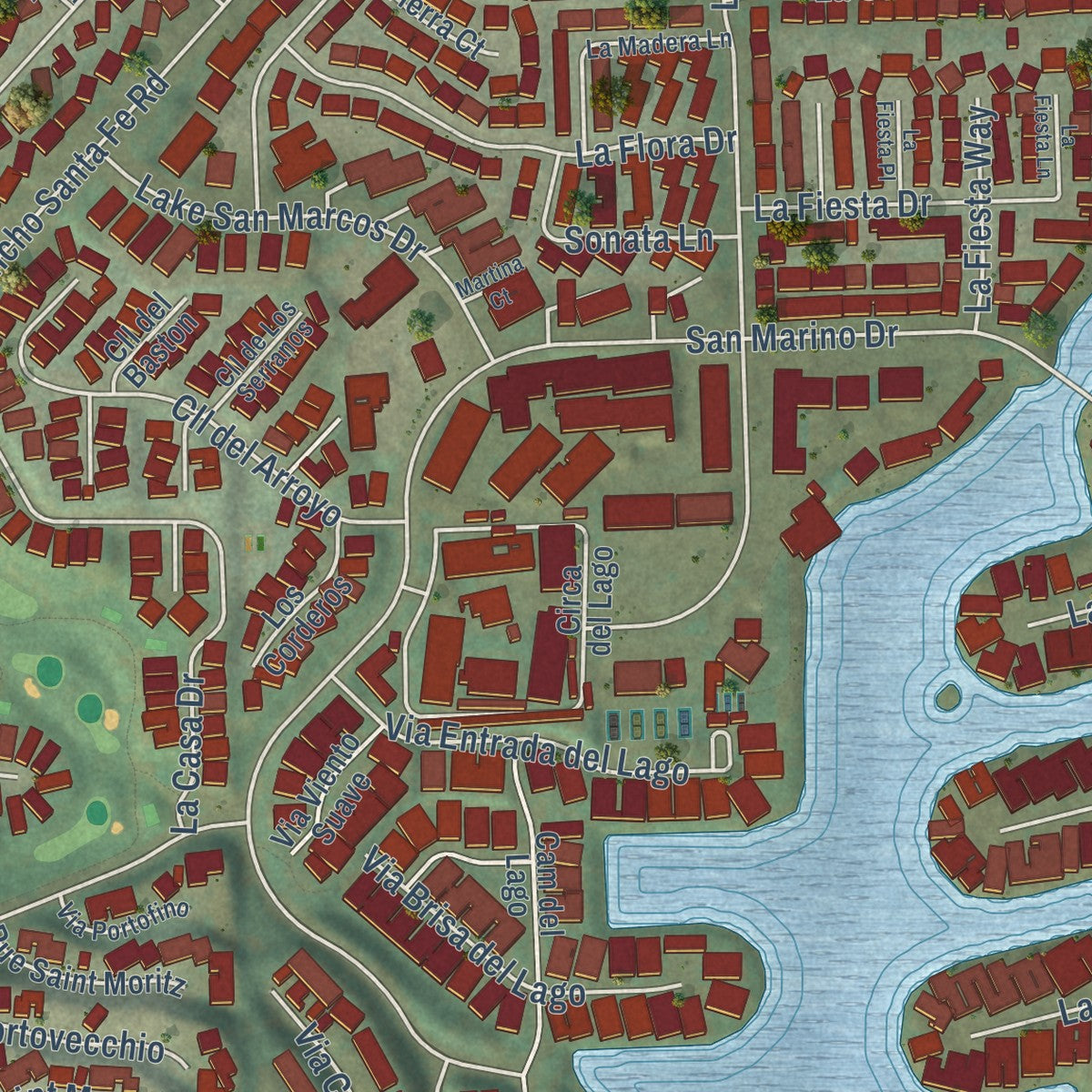 Close-up of the map of Lake San Marcos, California print showing street and building detail