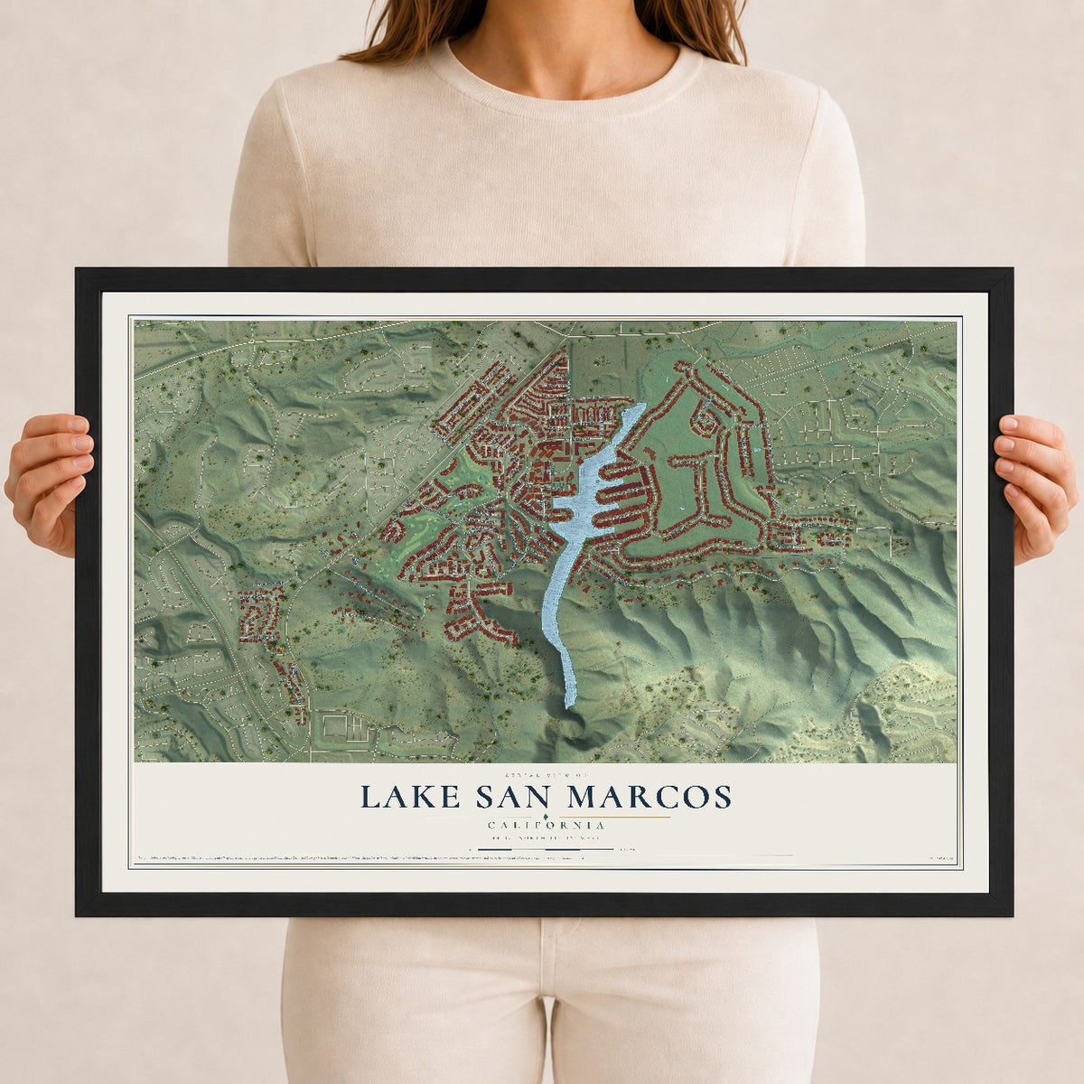 Map of Lake San Marcos, California, 12 x 18 inch print in a black wood frame