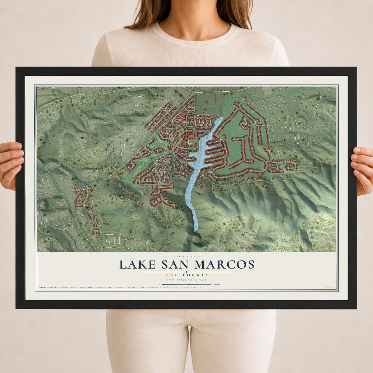 Map of Lake San Marcos, California, 18 x 24 inch print in a black wood frame