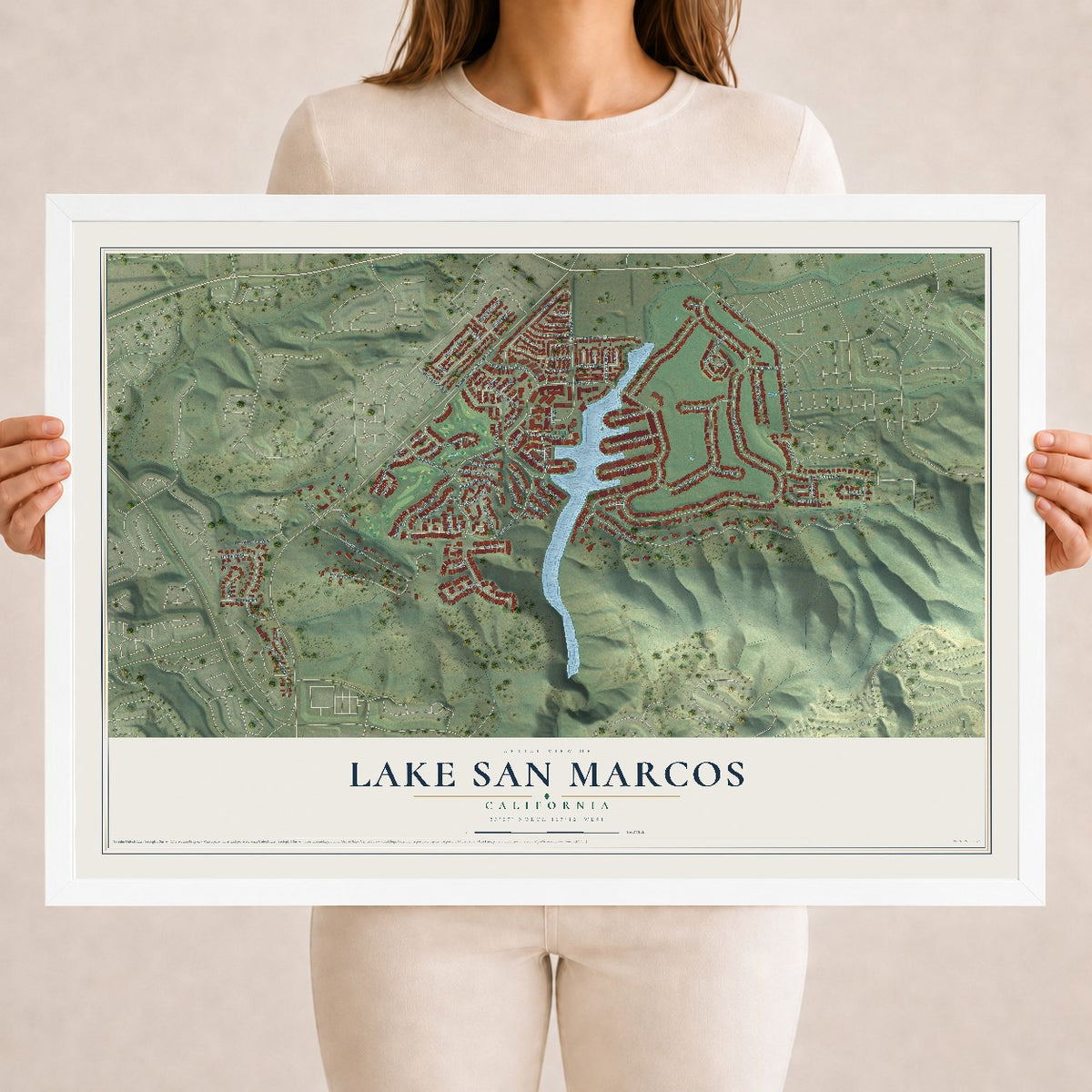 Map of Lake San Marcos, California, 18 x 24 inch print in a white wood frame