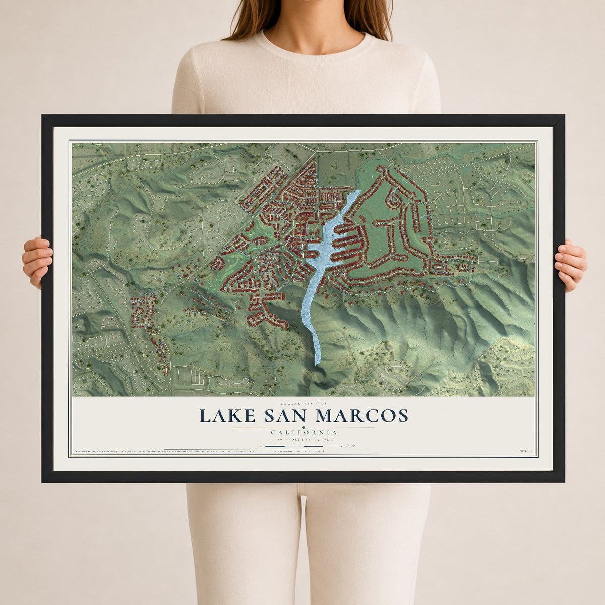 Map of Lake San Marcos, California, 24 x 36 inch print in a black wood frame