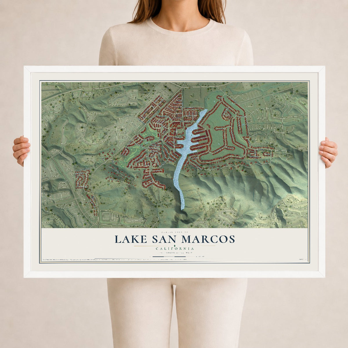Map of Lake San Marcos, California, 24 x 36 inch print in a white wood frame