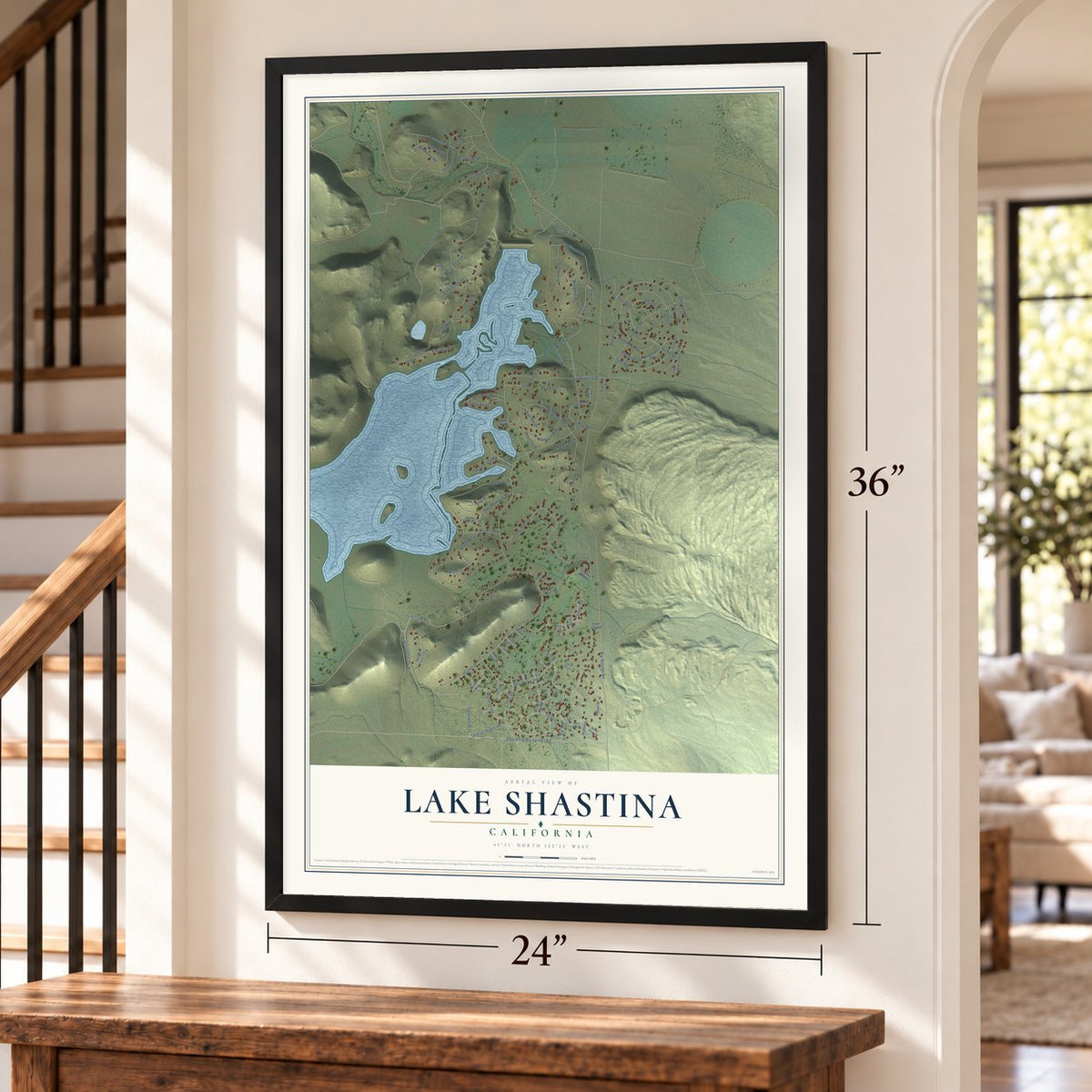 Lake Shastina, California map, 24 x 36 inch print in a black frame by a staircase