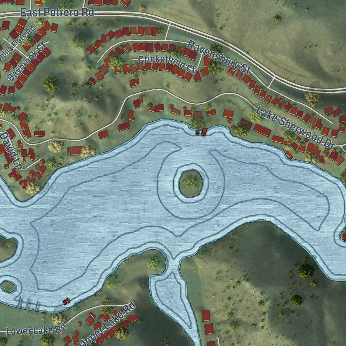 Close-up of the map of Lake Sherwood, California print showing street and building detail