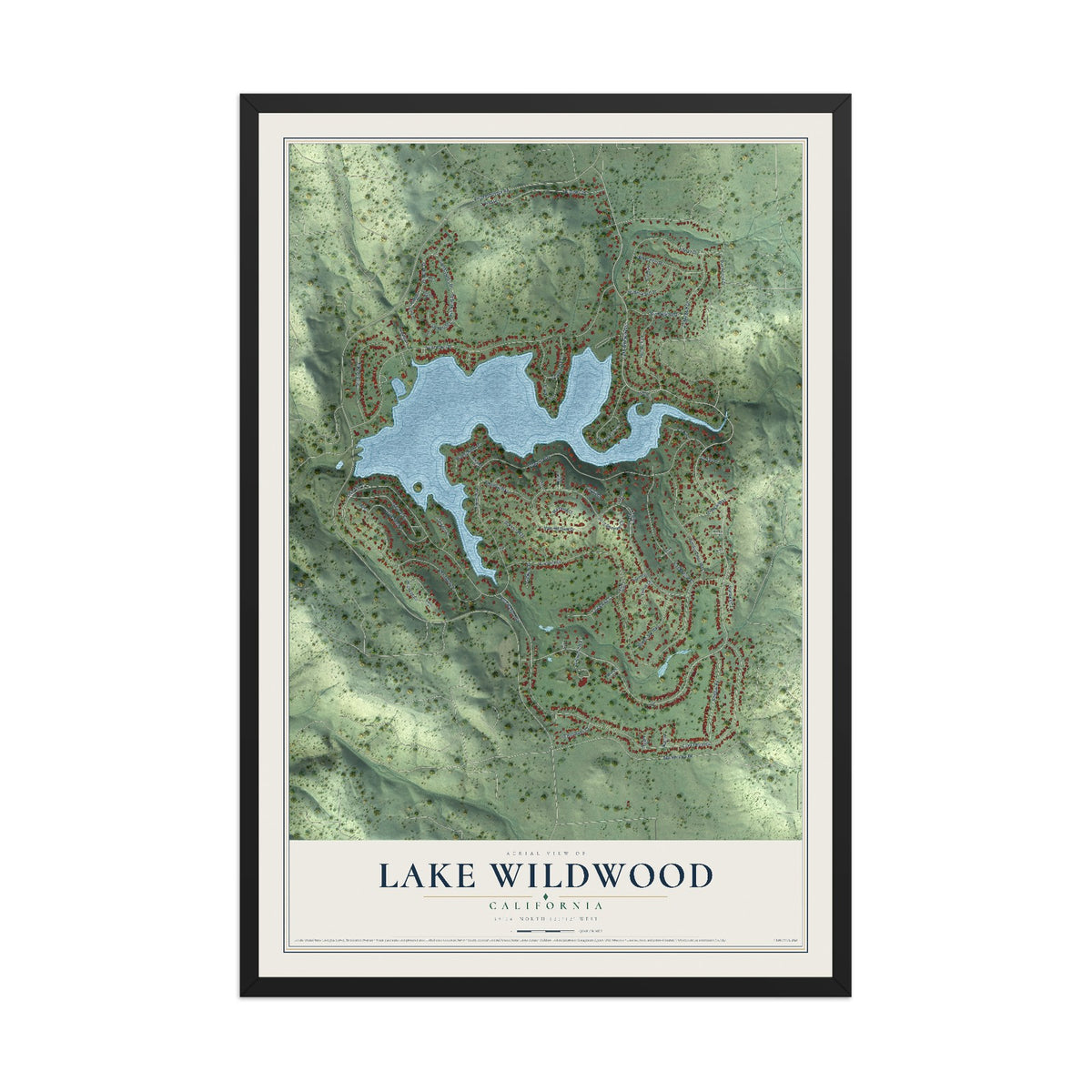 Map of Lake Wildwood, California, 12 x 18 inch print in a black wood frame
