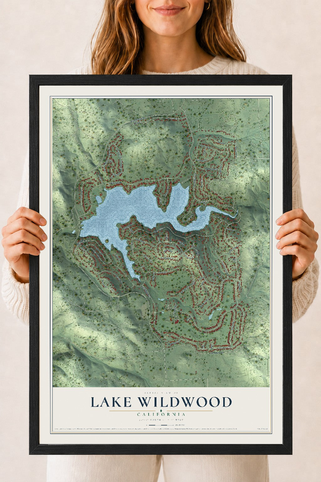 Map of Lake Wildwood, California, 18 x 24 inch print in a black wood frame