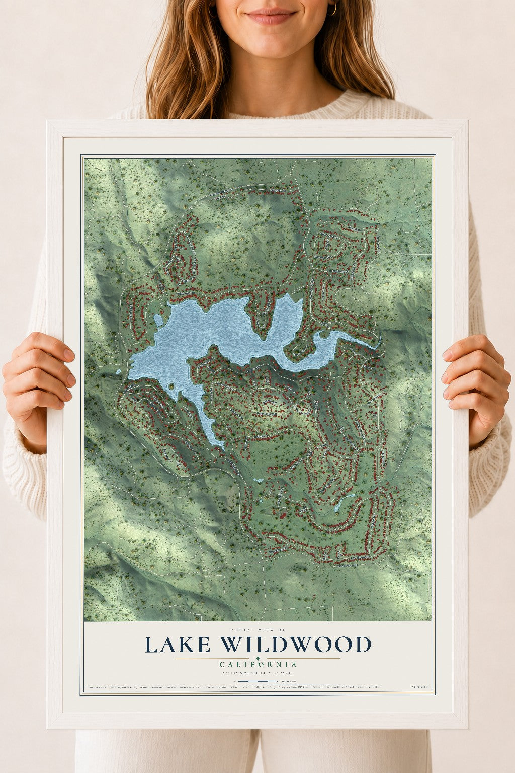Map of Lake Wildwood, California, 18 x 24 inch print in a white wood frame