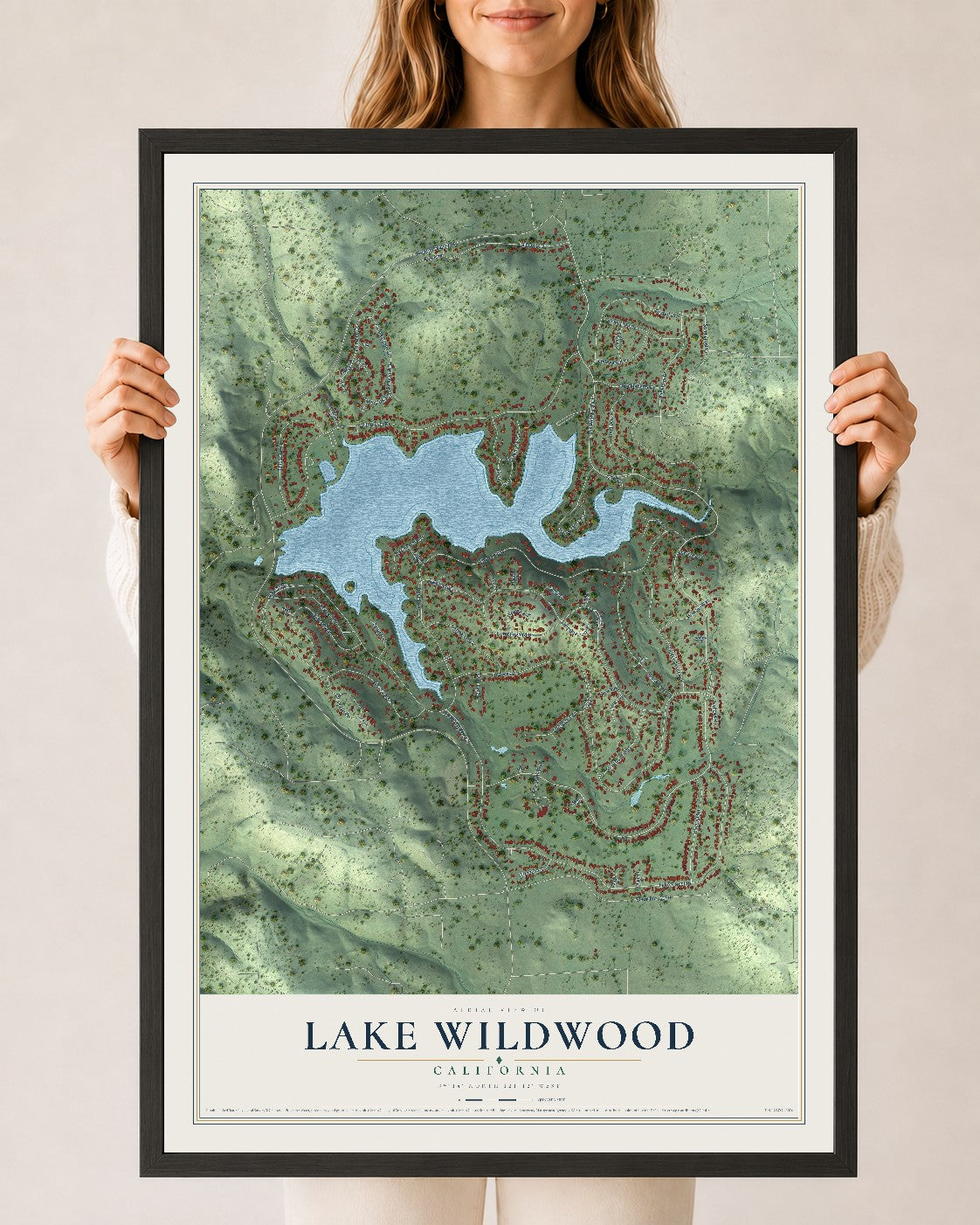 Map of Lake Wildwood, California, 24 x 36 inch print in a black wood frame
