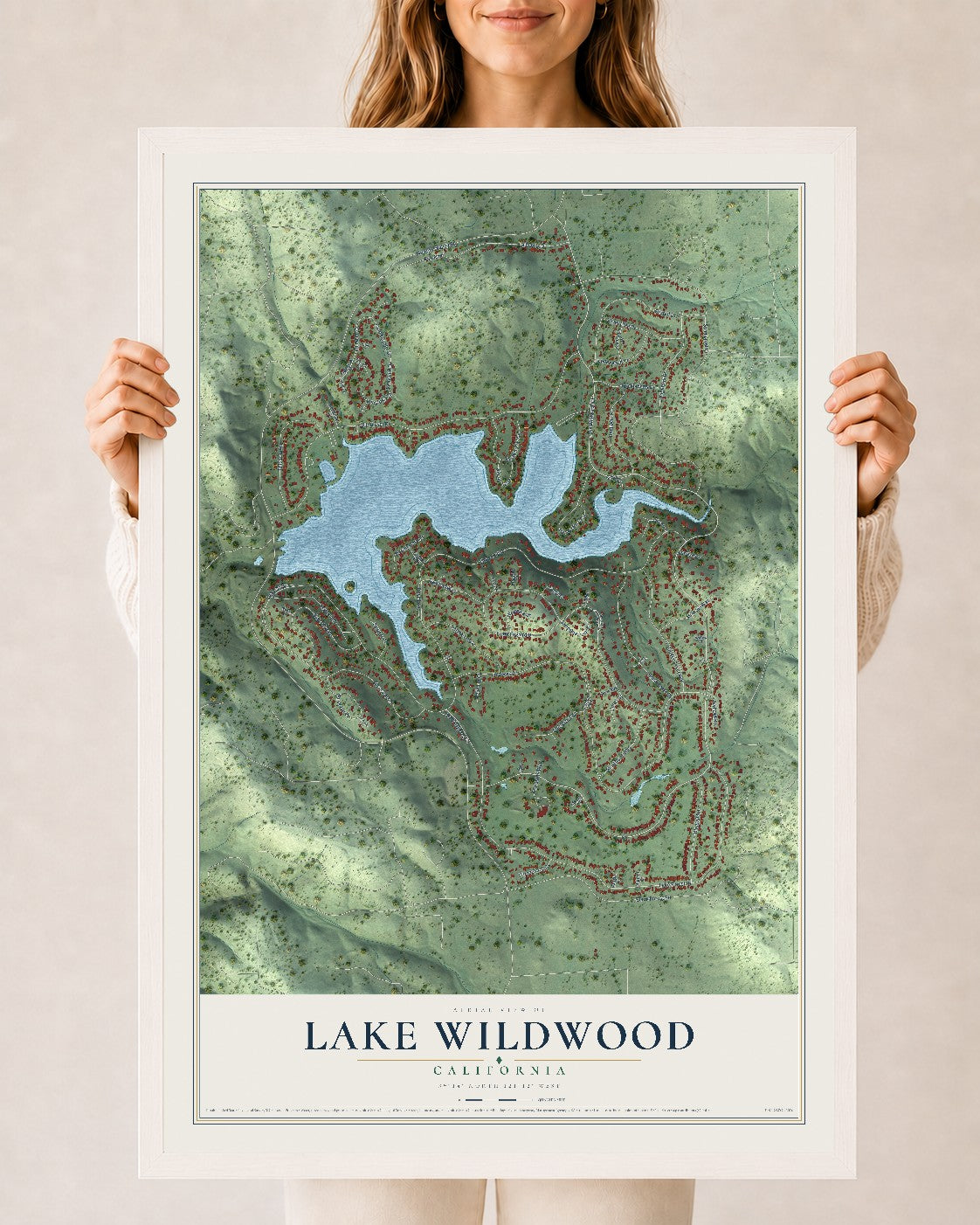 Map of Lake Wildwood, California, 24 x 36 inch print in a white wood frame