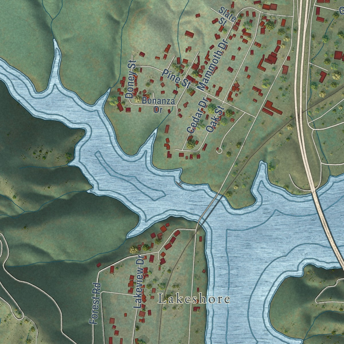 Close-up of the map of Lakehead, California print showing street and building detail