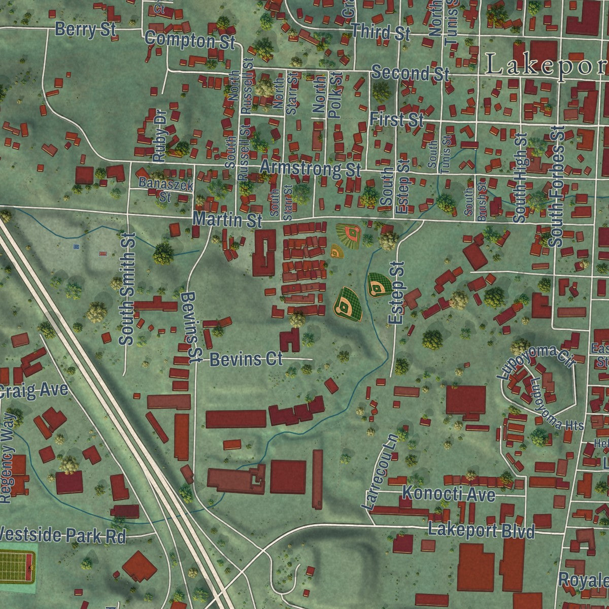 Close-up of the map of Lakeport, California print showing street and building detail