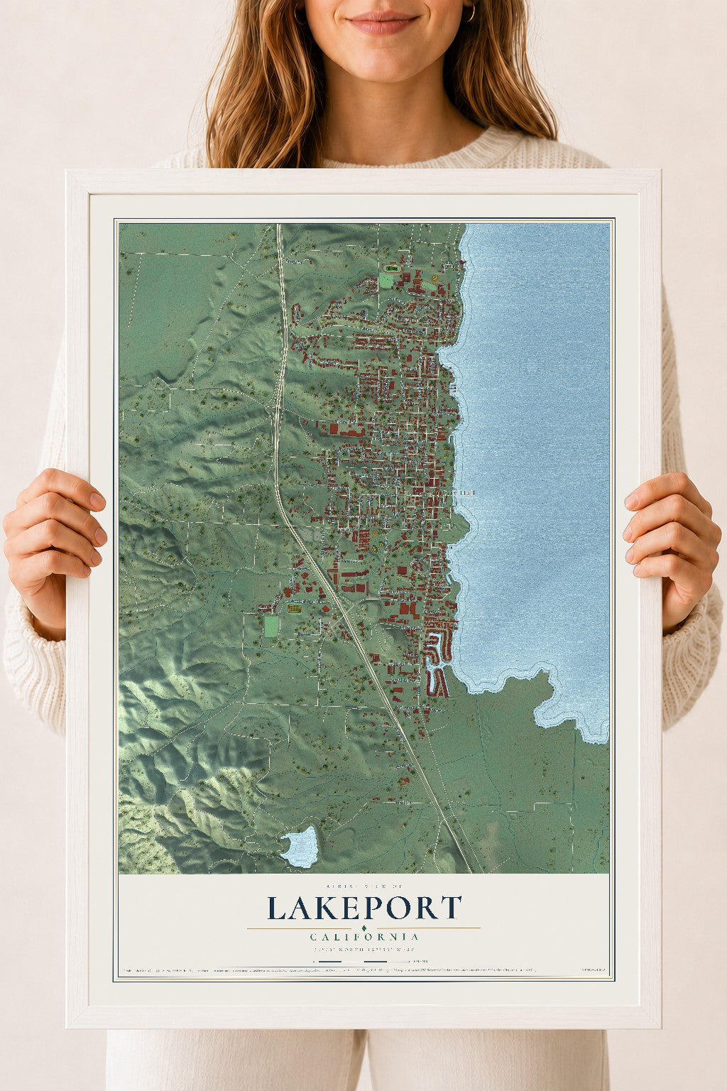Map of Lakeport, California, 18 x 24 inch print in a white wood frame