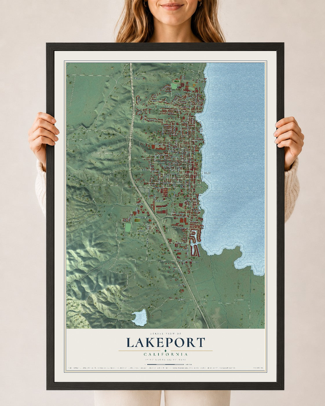Map of Lakeport, California, 24 x 36 inch print in a black wood frame