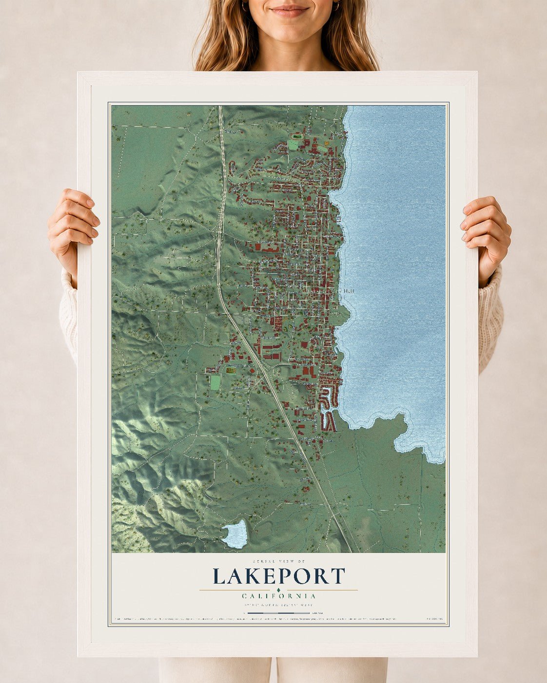 Map of Lakeport, California, 24 x 36 inch print in a white wood frame