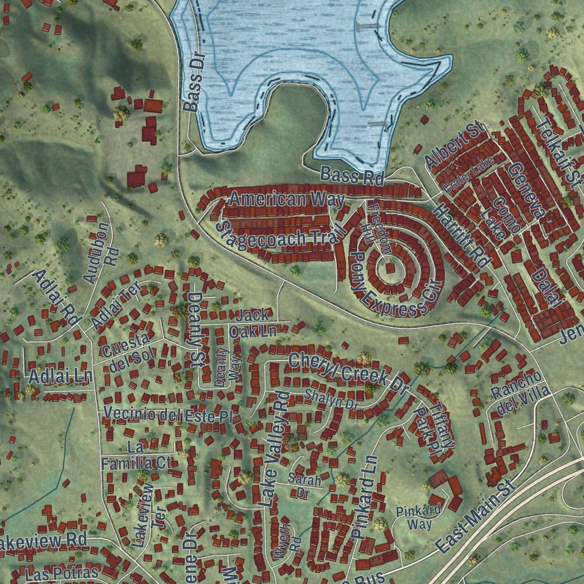 Close-up of the map of Lakeside, California print showing street and building detail
