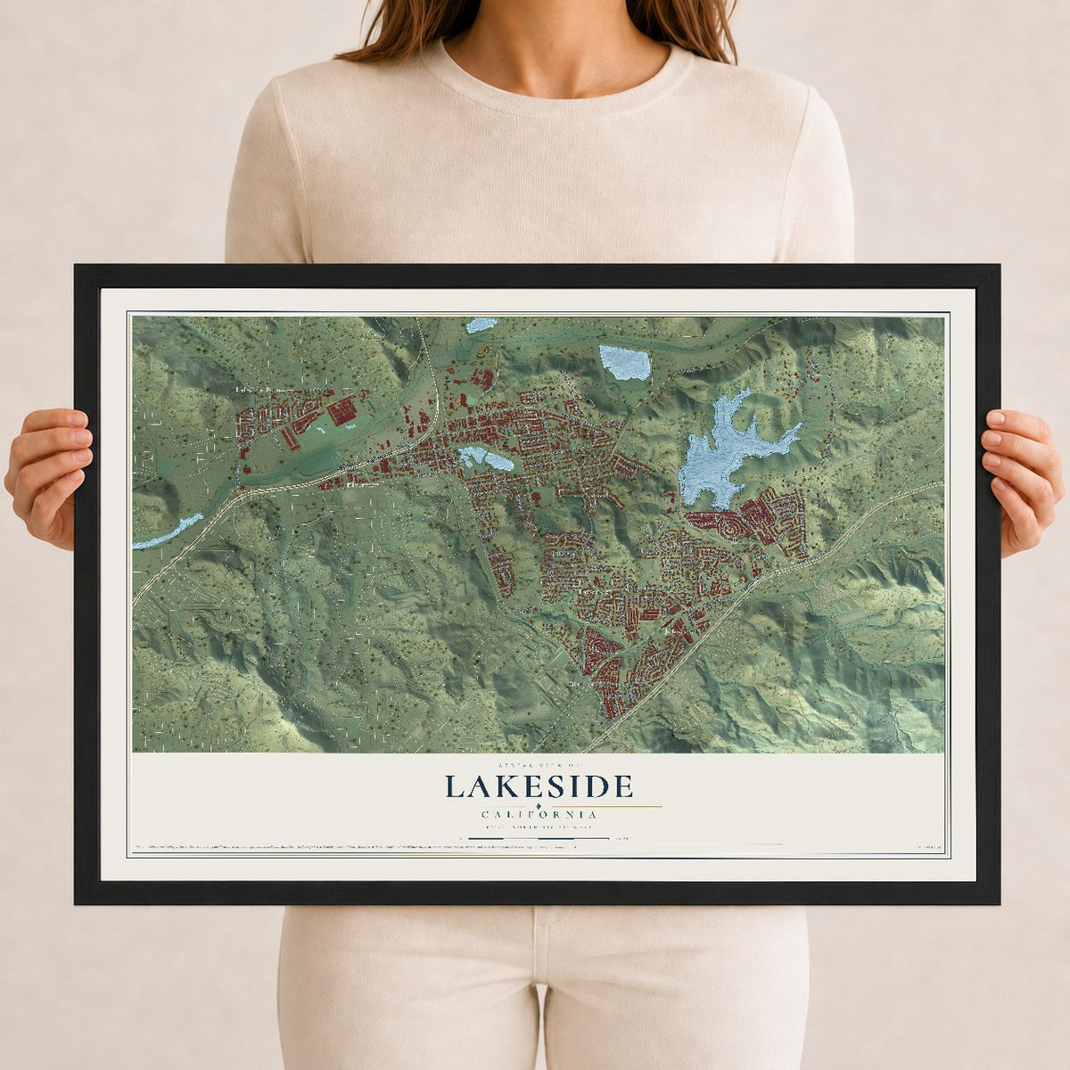 Map of Lakeside, California, 12 x 18 inch print in a black wood frame