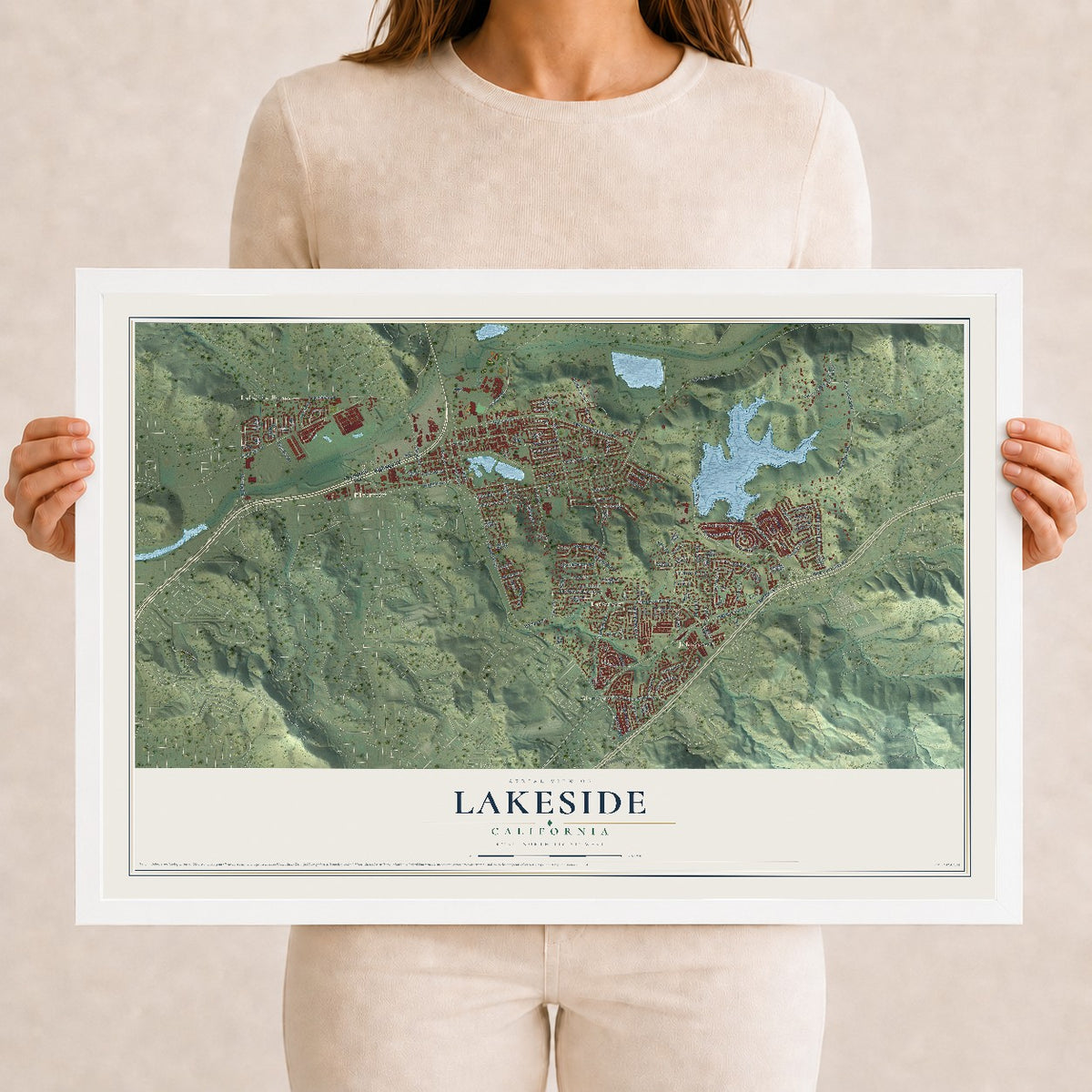 Map of Lakeside, California, 12 x 18 inch print in a white wood frame
