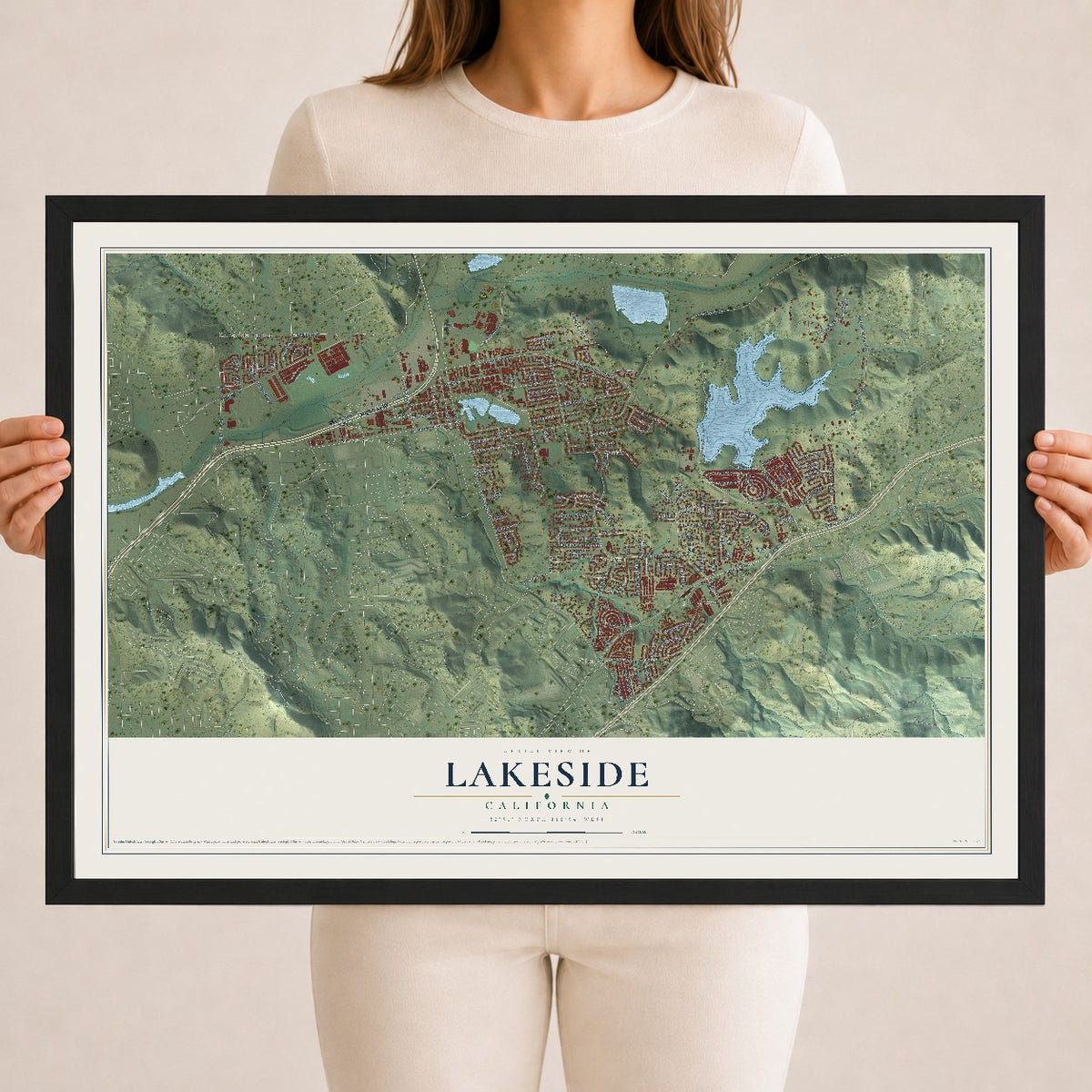 Map of Lakeside, California, 18 x 24 inch print in a black wood frame