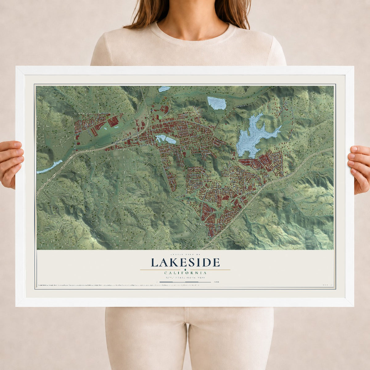 Map of Lakeside, California, 18 x 24 inch print in a white wood frame