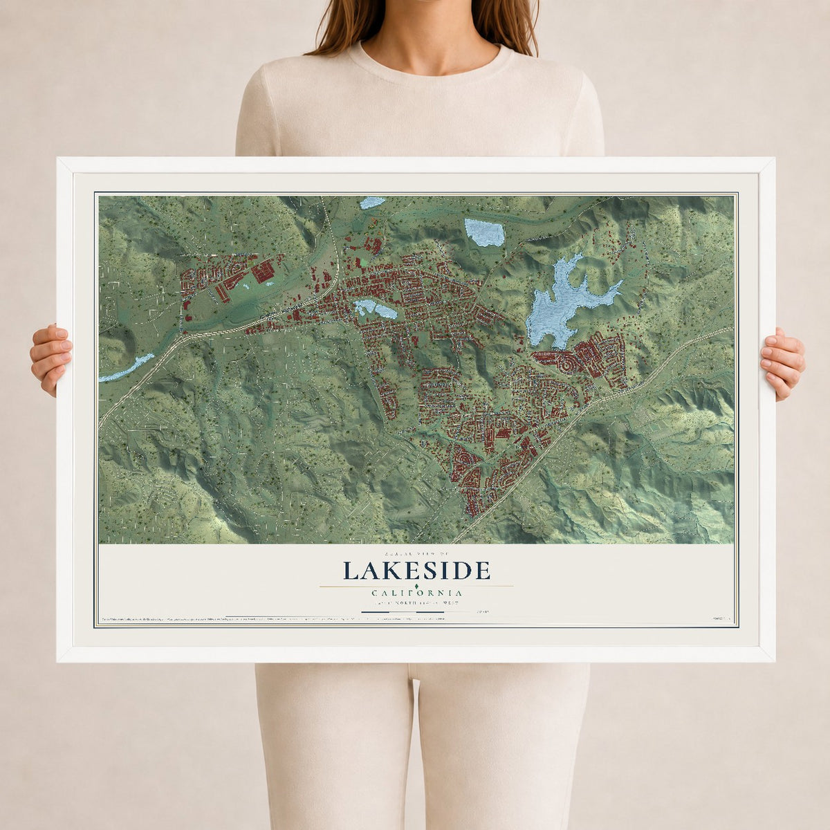 Map of Lakeside, California, 24 x 36 inch print in a white wood frame