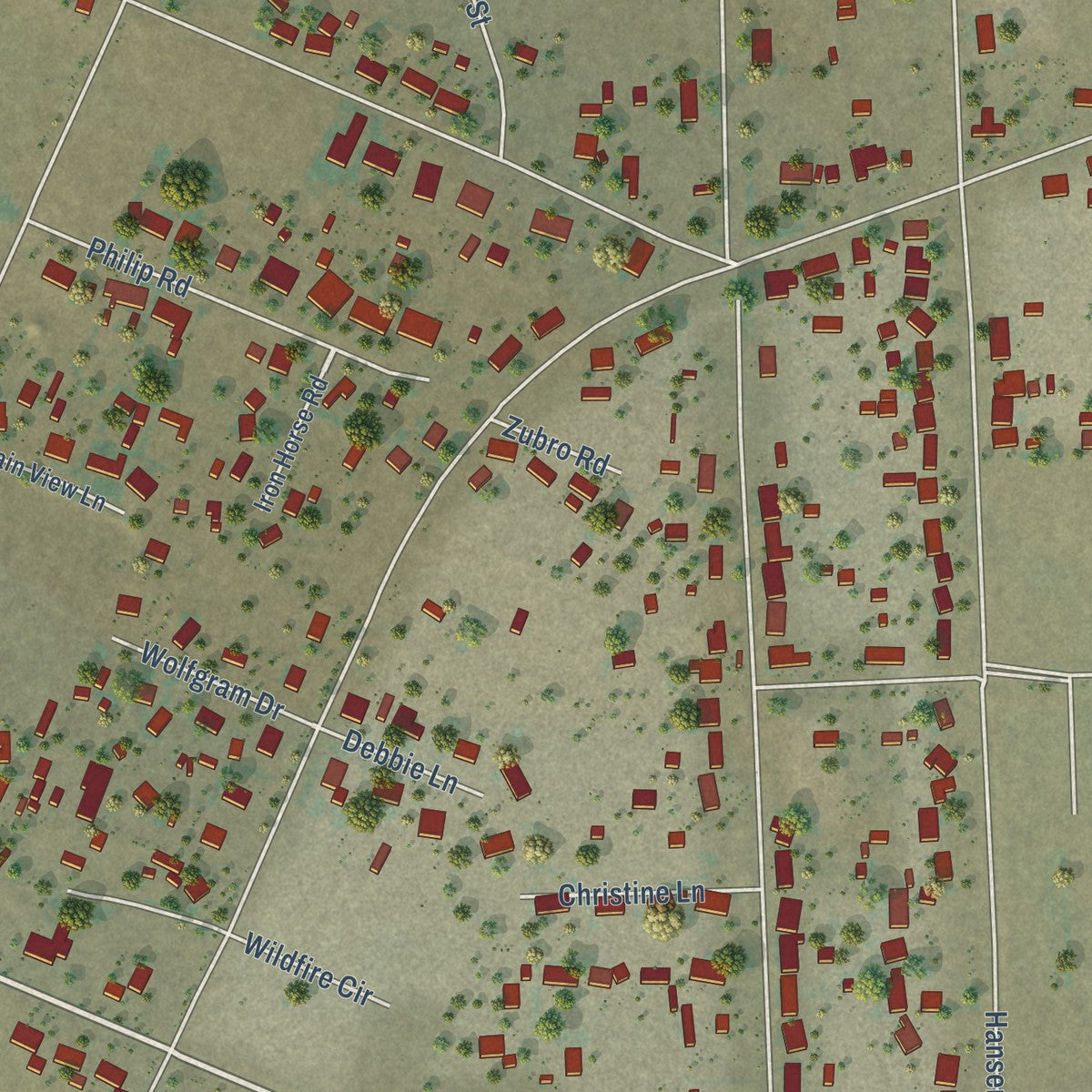 Close-up of the map of Lakeview, California print showing street and building detail