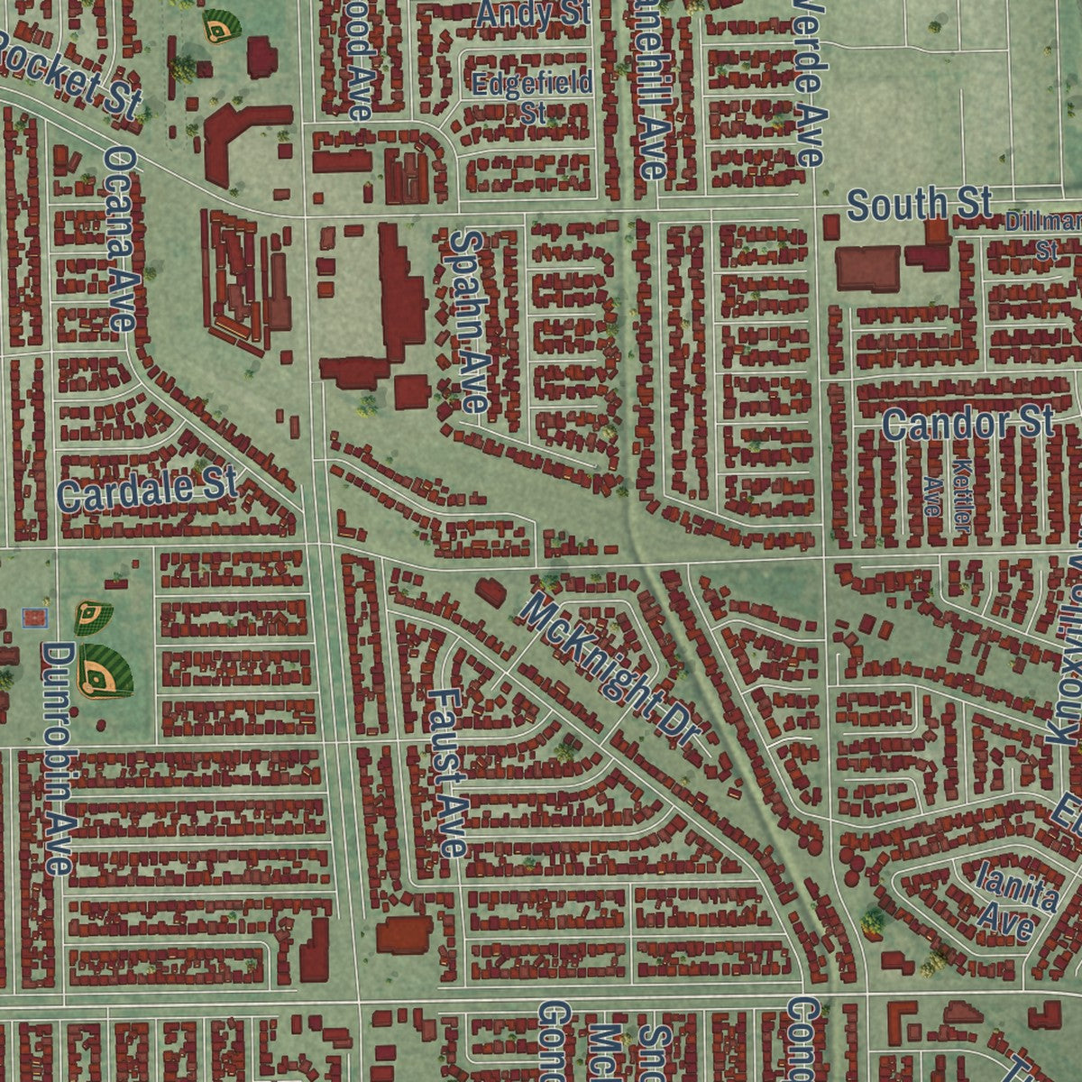 Close-up of the map of Lakewood, California print showing street and building detail