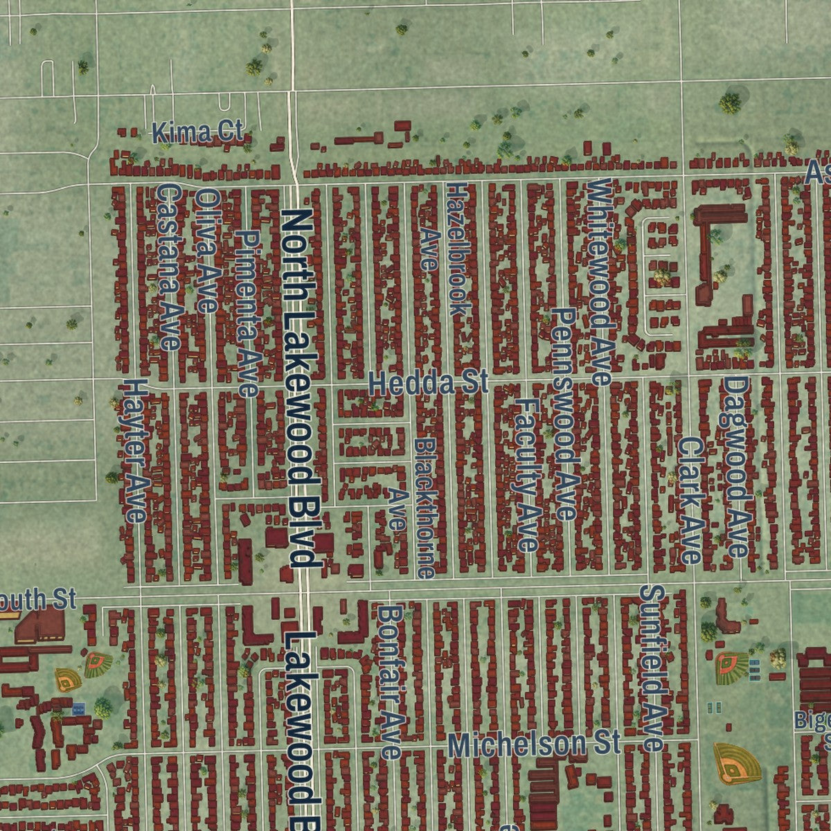 Second close-up of the map of Lakewood, California print showing more streets and buildings