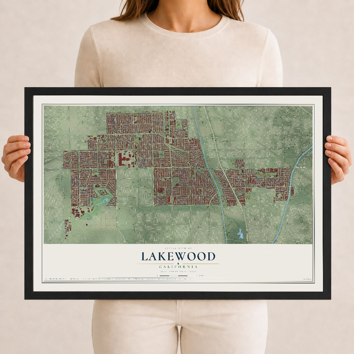Map of Lakewood, California, 12 x 18 inch print in a black wood frame