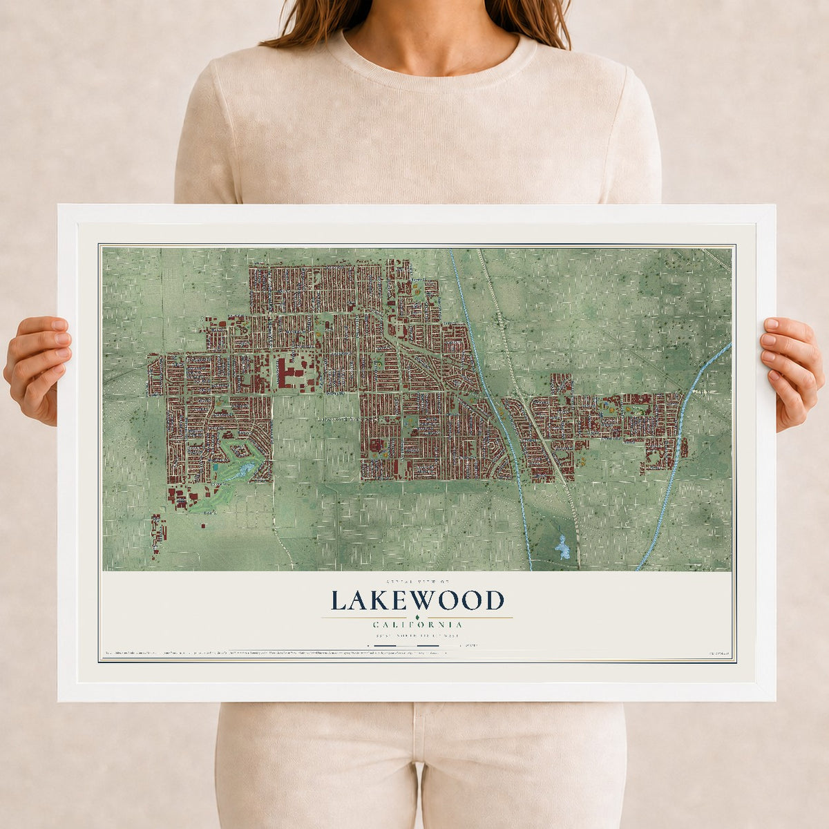 Map of Lakewood, California, 12 x 18 inch print in a white wood frame