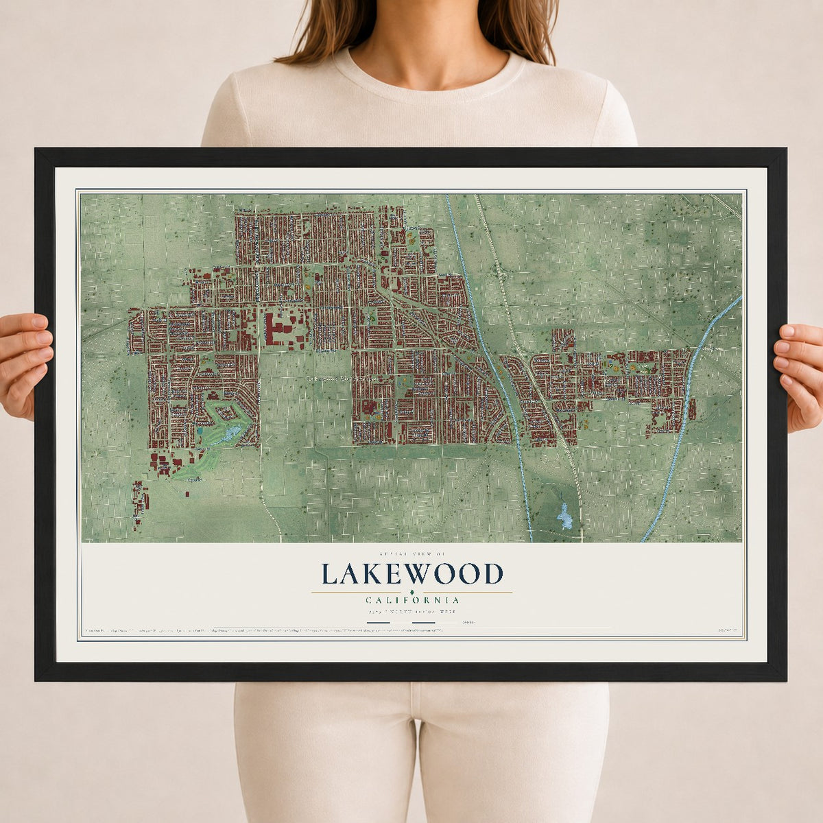 Map of Lakewood, California, 18 x 24 inch print in a black wood frame