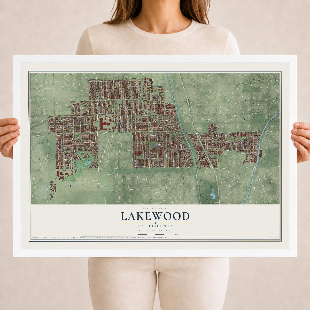 Map of Lakewood, California, 18 x 24 inch print in a white wood frame
