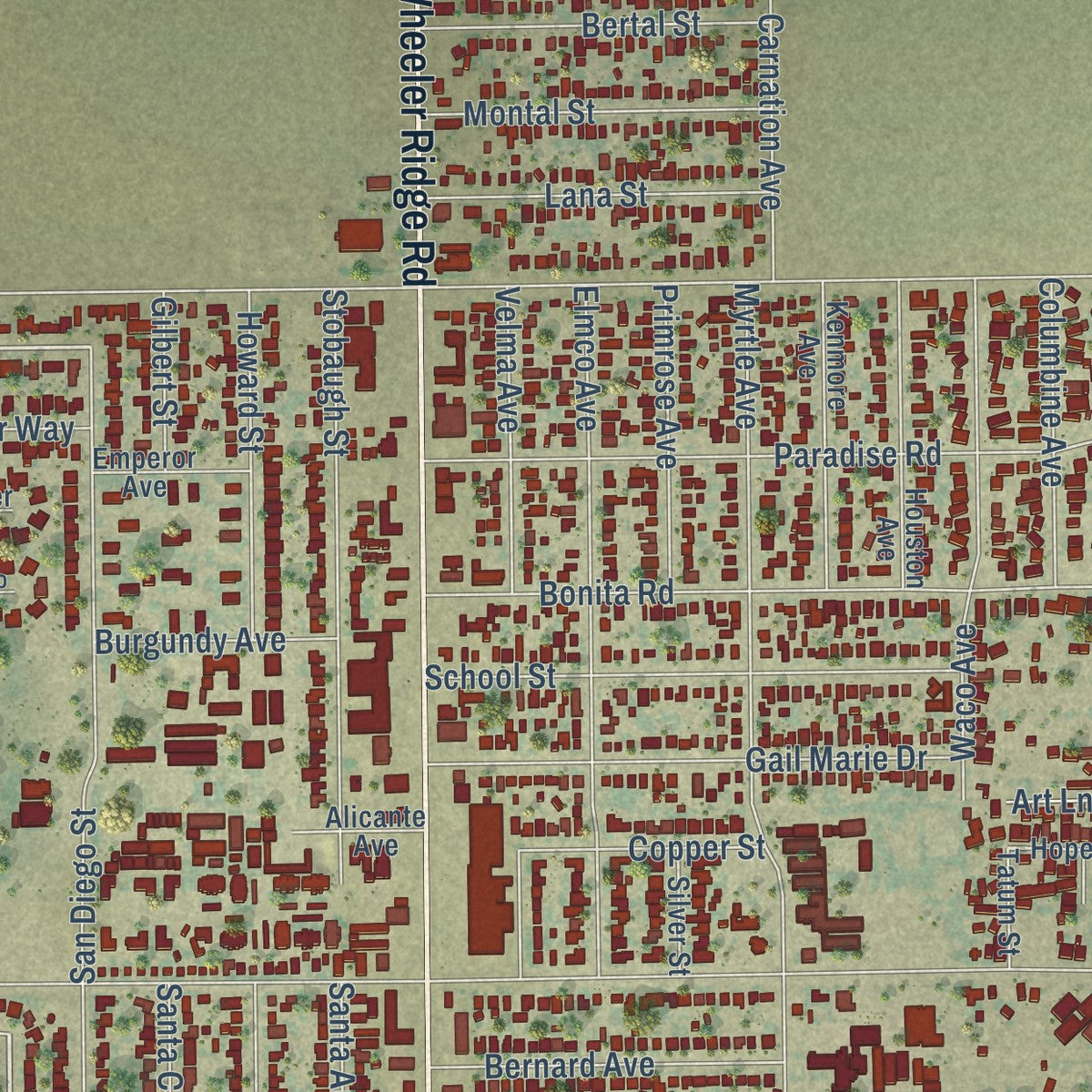 Close-up of the map of Lamont, California print showing street and building detail