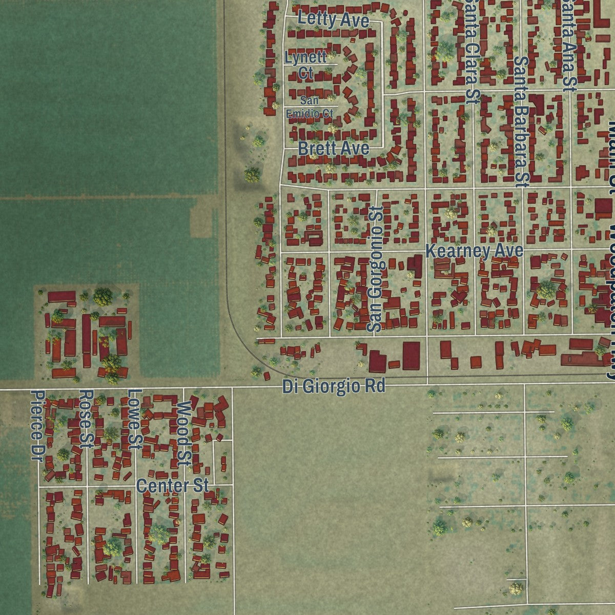 Second close-up of the map of Lamont, California print showing more streets and buildings