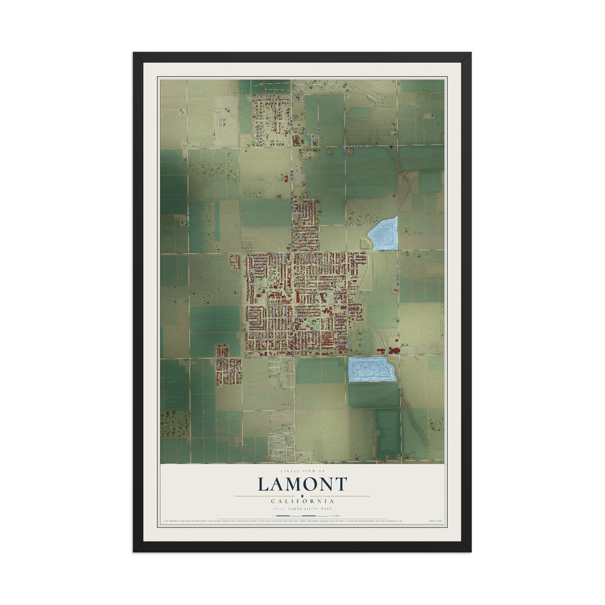 Map of Lamont, California, 12 x 18 inch print in a black wood frame