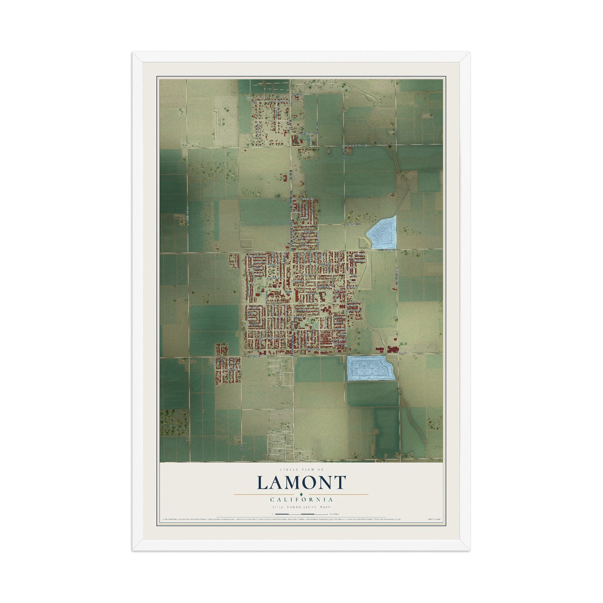 Map of Lamont, California, 12 x 18 inch print in a white wood frame