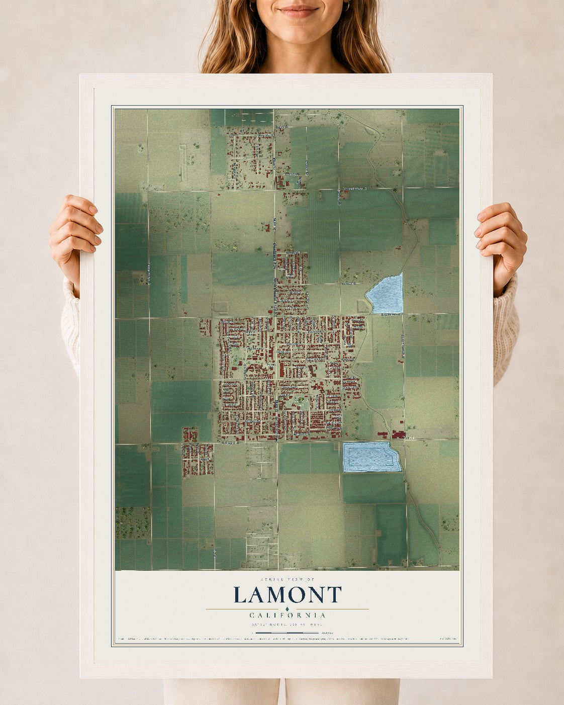Map of Lamont, California, 24 x 36 inch print in a white wood frame