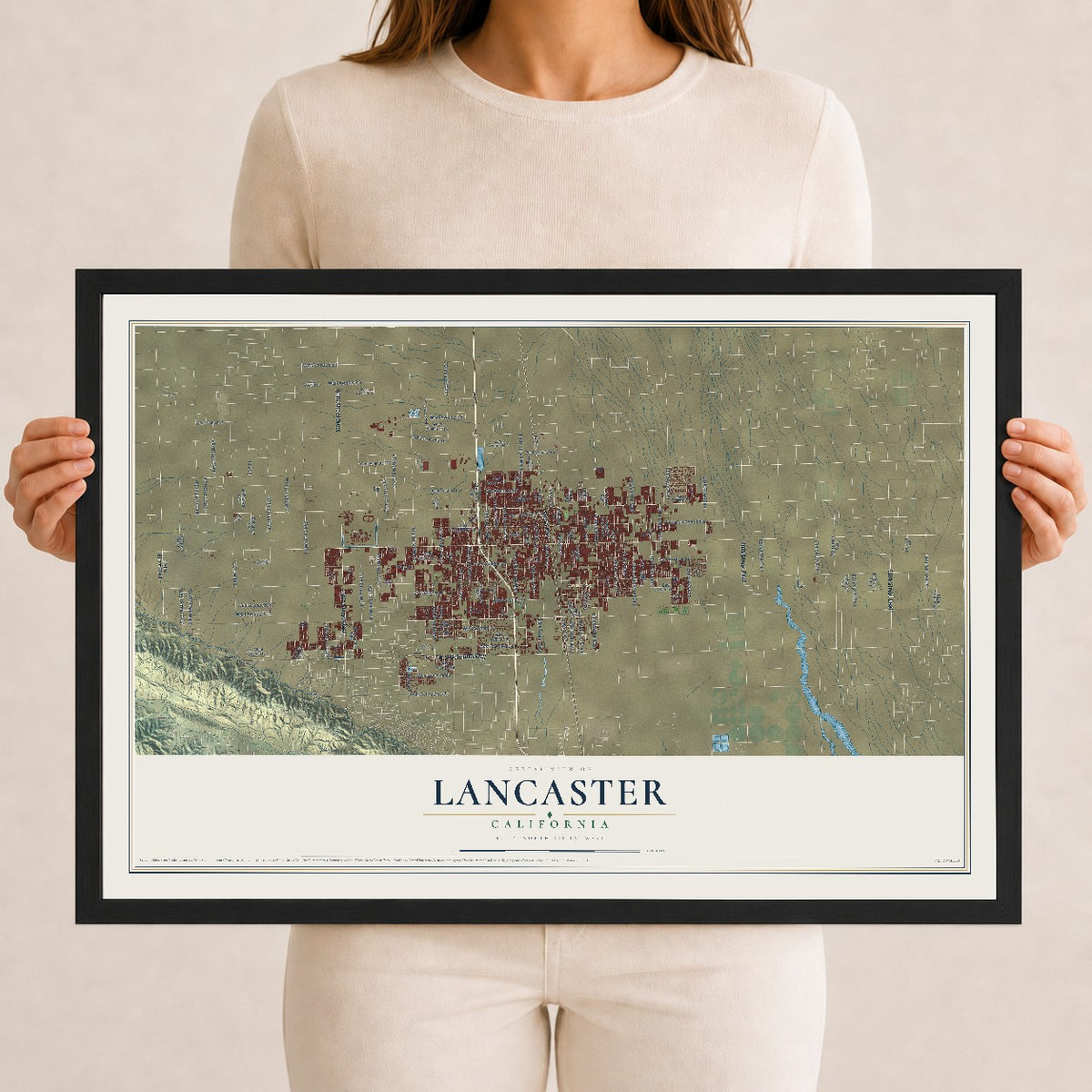 Map of Lancaster, California, 12 x 18 inch print in a black wood frame
