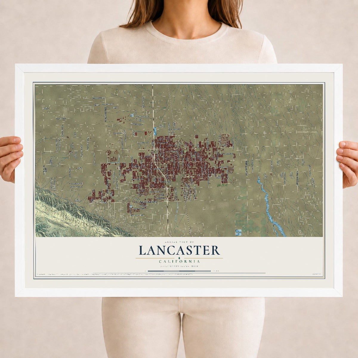 Map of Lancaster, California, 18 x 24 inch print in a white wood frame