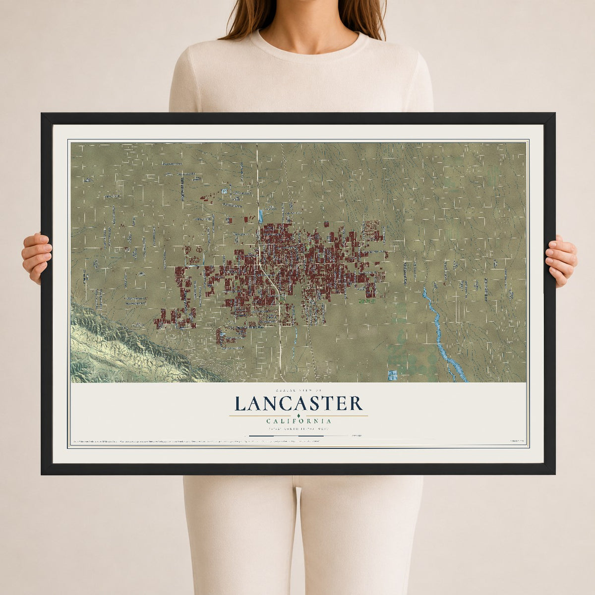 Map of Lancaster, California, 24 x 36 inch print in a black wood frame