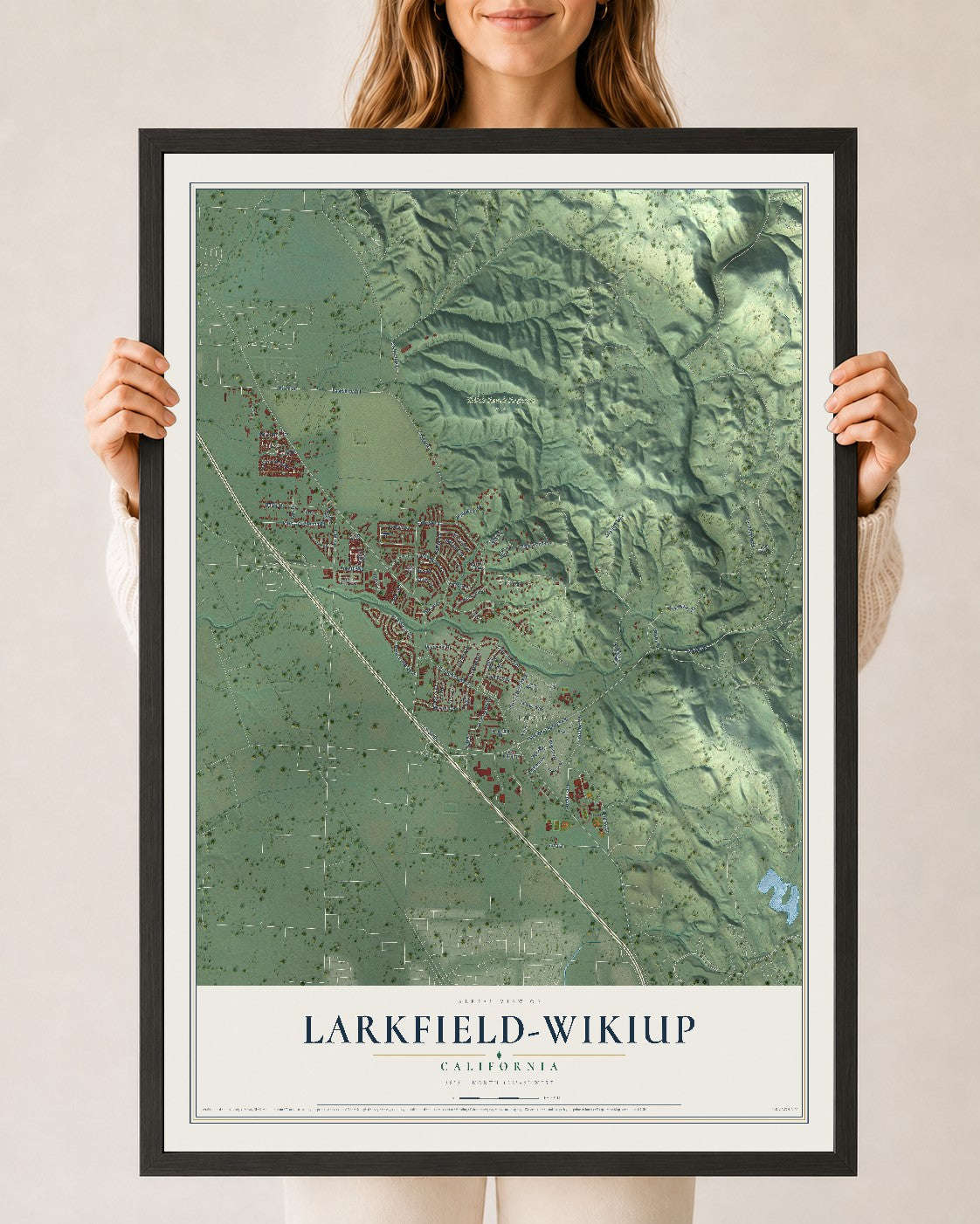 Map of Larkfield-Wikiup, California, 24 x 36 inch print in a black wood frame