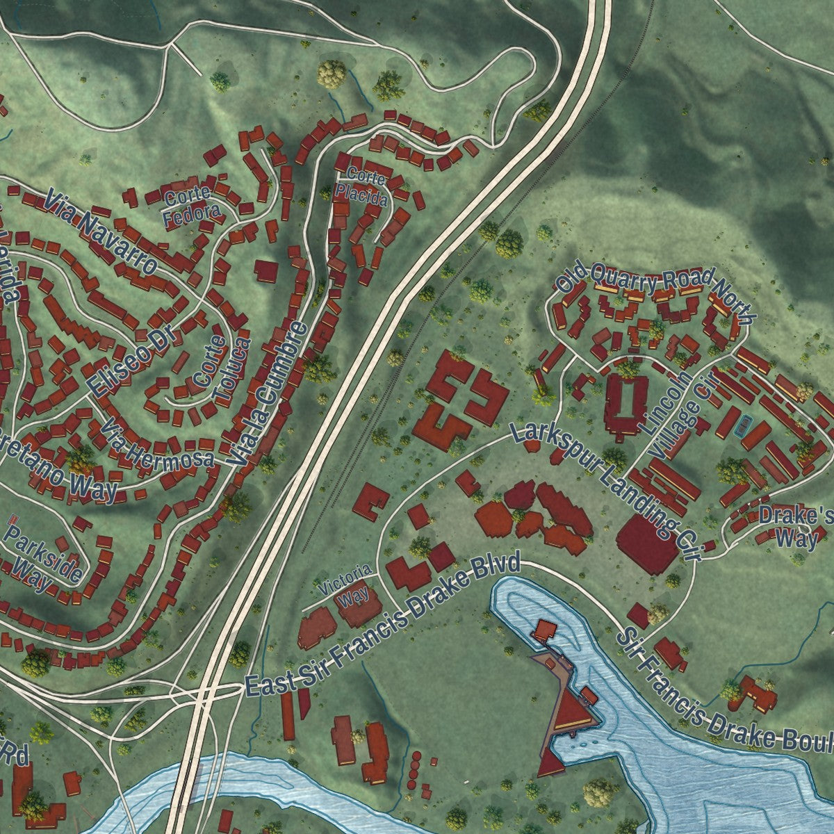 Second close-up of the map of Larkspur, California print showing more streets and buildings