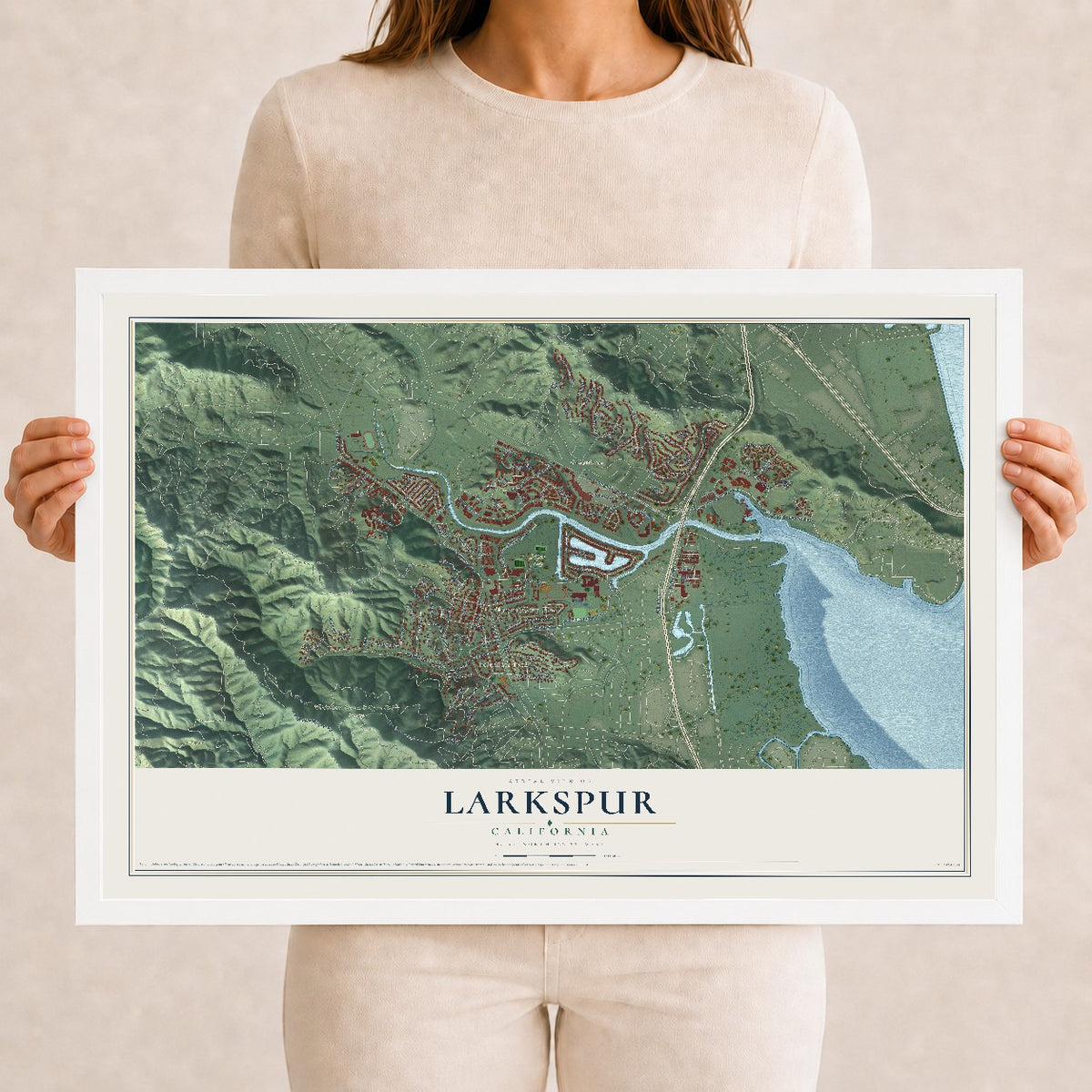 Map of Larkspur, California, 12 x 18 inch print in a white wood frame