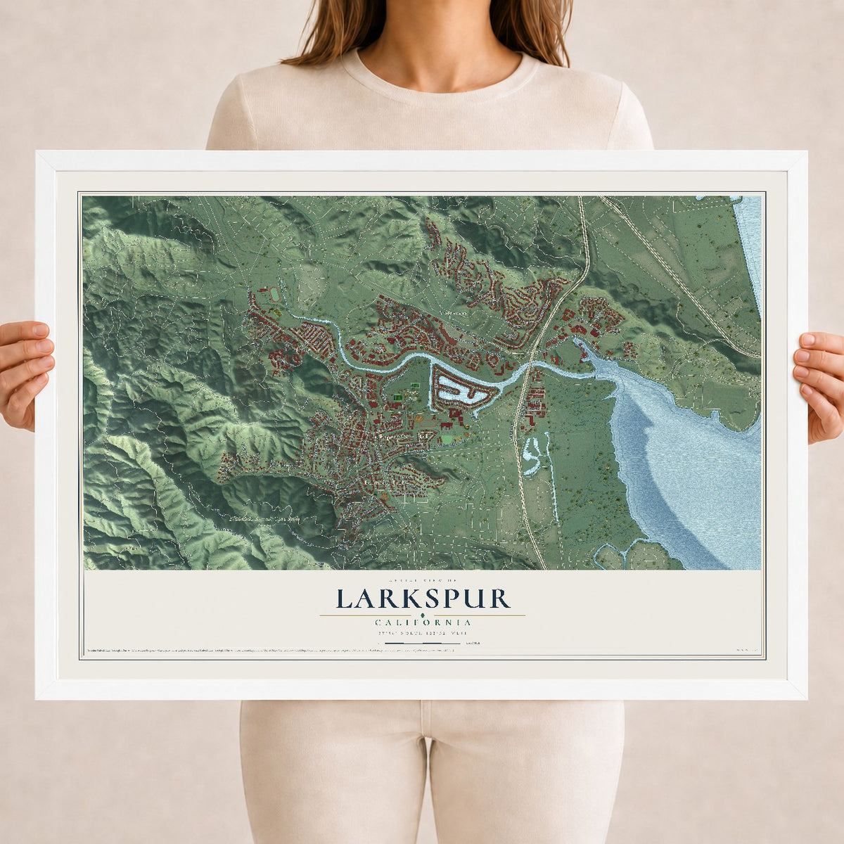 Map of Larkspur, California, 18 x 24 inch print in a white wood frame