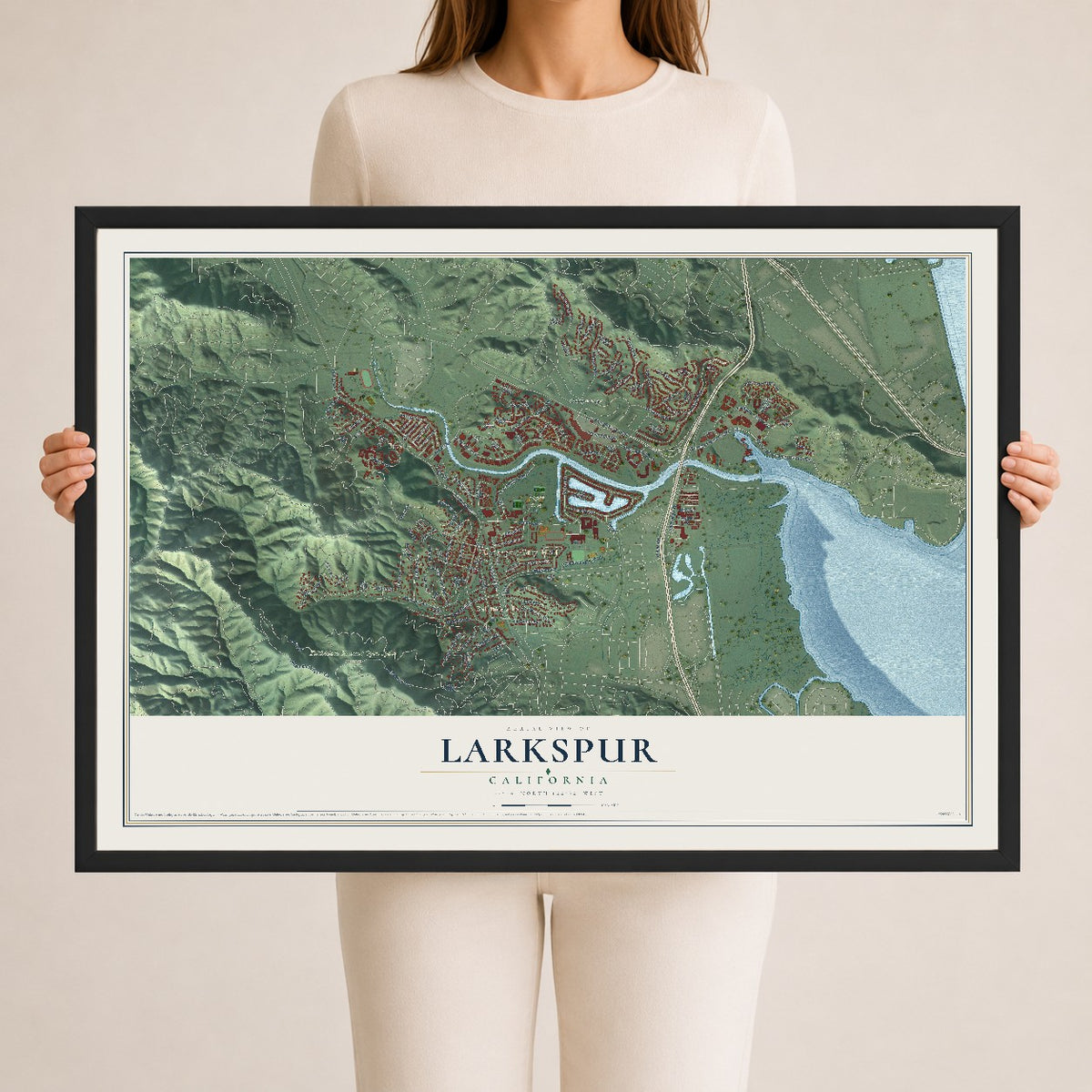 Map of Larkspur, California, 24 x 36 inch print in a black wood frame