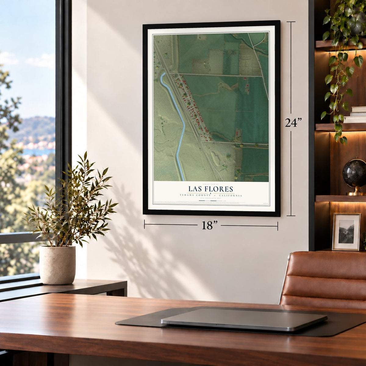 Las Flores, Tehama County, California map, 18 x 24 inch print in a black frame in a home office