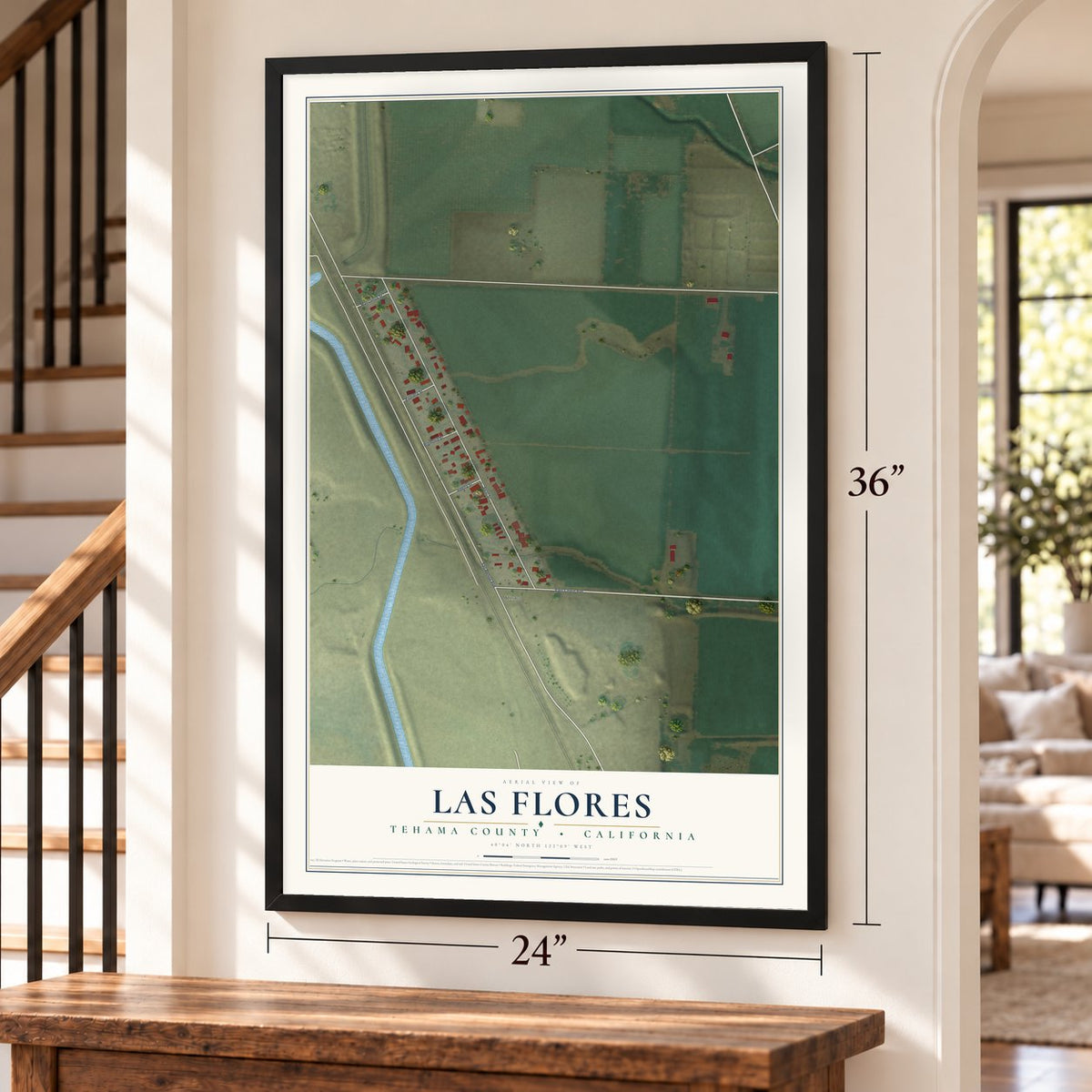 Las Flores, Tehama County, California map, 24 x 36 inch print in a black frame by a staircase
