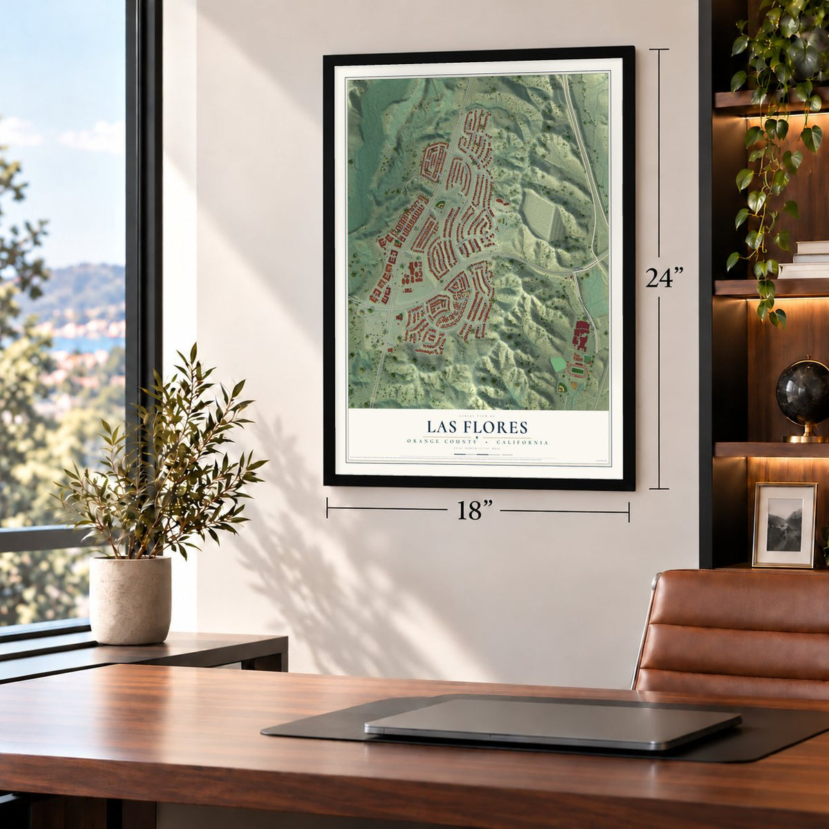 Las Flores, California map, 18 x 24 inch print in a black frame in a home office