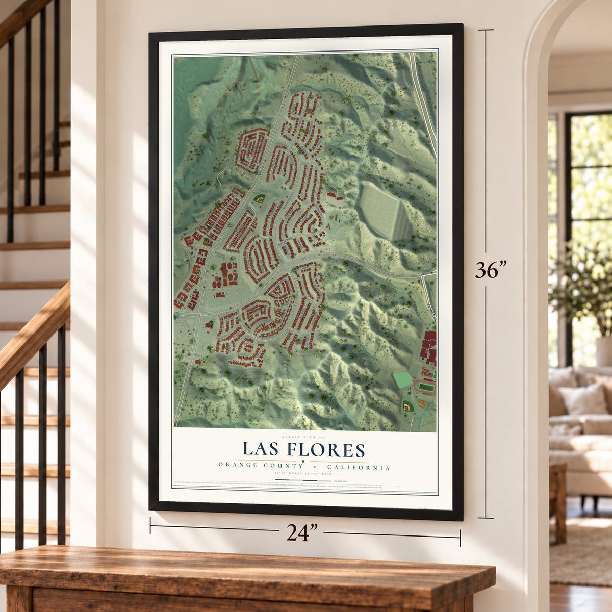 Las Flores, California map, 24 x 36 inch print in a black frame by a staircase